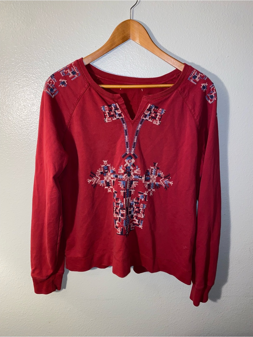 Lucky Brand Red Embroidered Southwestern Aztec Tribal Sweatshirt Boho L